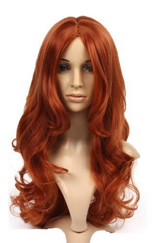 Prettyland Damen lange lang-haar Perücke Kupfer-Rot Orange Welle Locken kim possible Nami Cosplay Wig Rot-braun C800