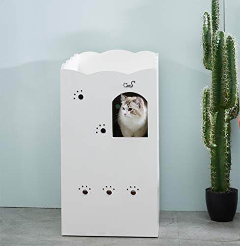 CatS Design Katzentoilette Schrank Weiß/Premium Katzenklo Schrank/Katzen Klo inkl. Schaufel, Liegekissen & Anti Rutsch Vorleger