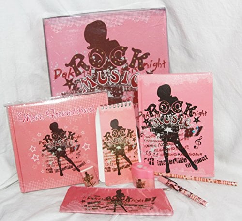 220050 Schul Geschenk Set Rock Music 9 teiliges Set mit Freundebuch, Ringbuch, Kladde, Notizblock, Radierer, Kuli, Bleistift, Spitzer und Schlampermappe