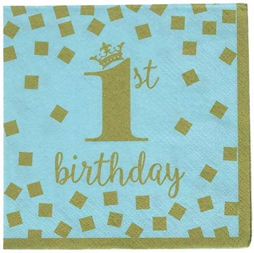 Amscan International 501862 Papier- und Plastikserviette, zum 1. Geburtstag, Blau/goldfarben