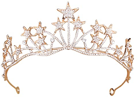Vofler Star Headband Crown, Gold Tiara Headband Headpiece Crystal Rhinestone Hair Jewelry for Women Ladies Girls Bride Princess Birthday Wedding Pageant Prom Homecoming Halloween Costume Party
