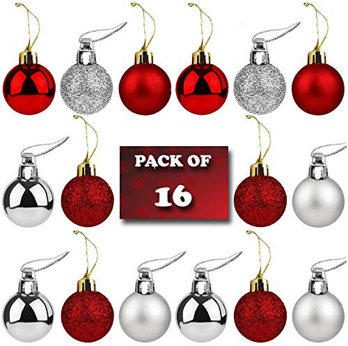AKH® 16 Pieces 50mm Christmas Balls Decoration | Tree Baubles Hanging Ball Decorations for Holiday Wedding Party (Red & Silver)