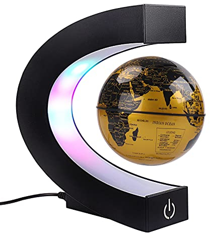 Magnetischer Schwimmender Globus mit farbigen LED-Lichtern C-Form Anti-Schwerkraft-Magnetschwebebahn Rotierende Weltkarte für Geschenk Home Office Schreibtischdekoration (Mit Schalter, Gold)