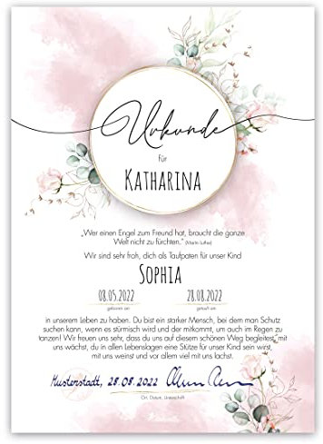 Tinkerella Taufpatenurkunde Urkunde für die Taufpatin oder den Taufpaten - die perfekte kleine Geschenkidee, kleine Aufmerksamkeit für die Patin oder den Paten Deines Kindes (Rose)