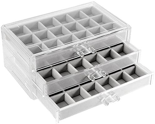 ZEONHEI 3 Drawers Clear Acrylic Jewellery Storage Organiser Box, Velvet Drawer Jewellery Organiser Box Earring Display Case for Women Ladies Girls Gift, 9.2 x 5.3 x 4.2 Inch