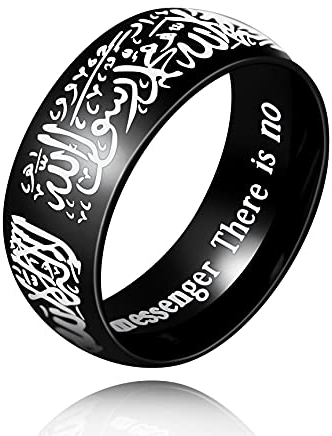 Uloveido 8mm Schwarzer Blauer Goldener Edelstahl Islamischer Muslimischer Muhammad Shahada Arabischer Gott Allah Botschafter Ring für Männer Jungen. (Schwarz, 19)