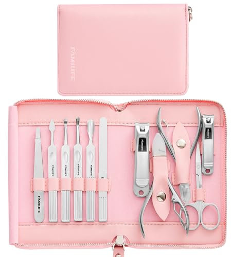 FAMILIFE Manicure Set Professional Manicure Kit Nail Kit - 11PCS Gifts for Her Nail Clippers for Women Stainless Steel Pedicure Sets Pink Leather Case