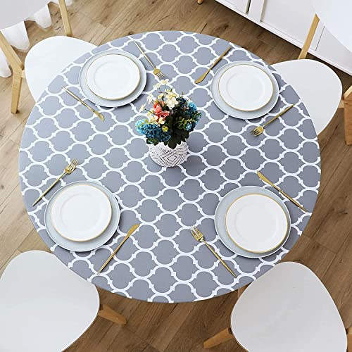 Dremisland Runde Elastische Tischdecke Fitted Vinyl Tischschutz mit Flanell Futter Wasserdicht Abwischbar Moroccan Tischdecke für Indoor Outdoor Picknick Camping Partys (110–140 cm, Rund, Grau)
