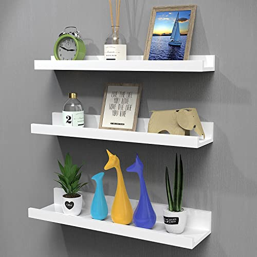 Nunemosk Set of 3 Floating Shelves Wood Wall Mounted Shelf Picture Ledge Display Racks Spice Racks Decorative Wall Shelves for Bedroom Living Room Kitchen Home Office (White Shelves)
