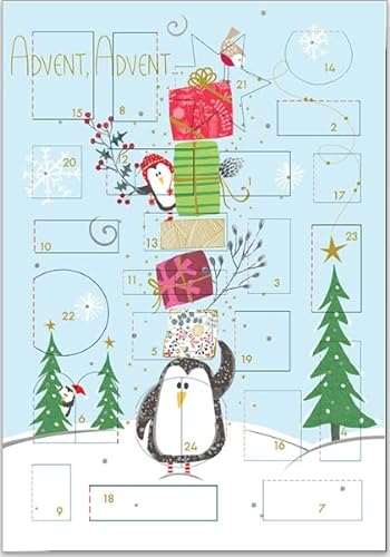 Mini Adventskalender als Karte zur Weihnachten - hochwertige Grußkarte mit 24 Türchen, inkl. goldenem Umschlag (Pinguine)