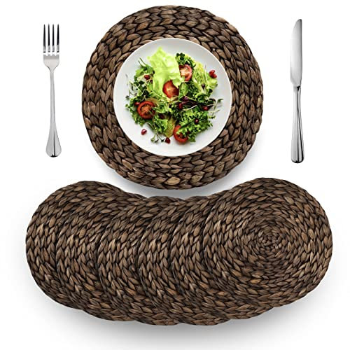 (4 Sizes: 12-13-14-15) BARIEN Rustic Woven Placemats Round Set of 6, Natural Water Hyacinth Weave Placemat for Dining Table, Large Handmade Woven Placemats Heat Resistant Non-Slip (14 - Set 6)
