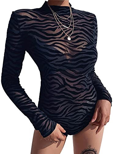 QKEPCY Body Donna Manica Lunga Elegante Sexy Stampa leopardo Jumpsuits Tops Tuta Aderente Bodysuit Donna Body A Rete Guardare Attraverso Teddy Sexy In Pizzo (L)