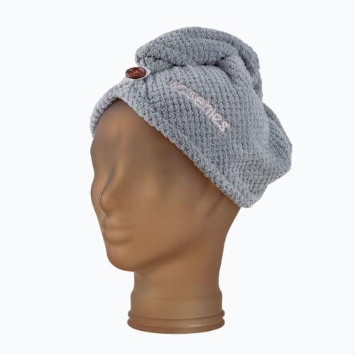 waschies Haar Turban Grau, Mikrofaser Turbanhandtuch für schnelle Haartrocknung, Supersoft, perfekt für die Haarpflege, praktischem Fixierknopf, Saugfähiges Kopfhandtuch, für Kurze und Lange Haare