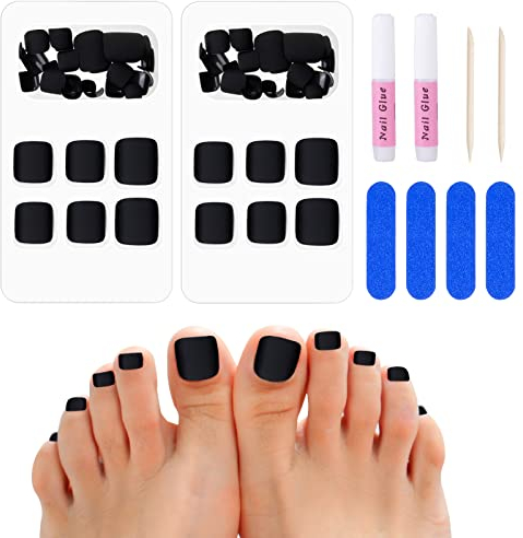 Kiiwah Faux Ongles Pied Noir in 12 Tailles, Faux Ongles D'orteil Court Couverture Complète, 48pcs French Manucure Court per Pieds, French Capsule Ongle Pied pour Femme Fille Manucure