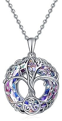 Fryneauy Tree of Life Necklace S925 Sterling Silver Celtic Triskele Trinity Knot Viking Pendant Jewellery Crystal Gifts for Women Girls Mom