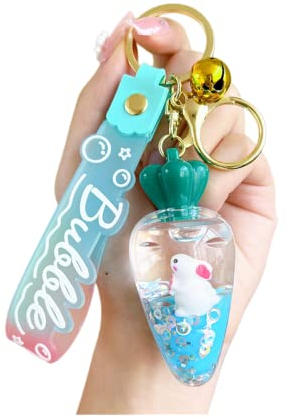 ZDHC Niedlicher Karotten-Schlüsselanhänger mit schwimmendem Kaninchen, Kawaii-Anime-Bewegung, flüssiger Treibsand, Hasen-Schlüsselanhänger, Auto-Tasche, Charm für Frauen und Mädchen, blau, One size