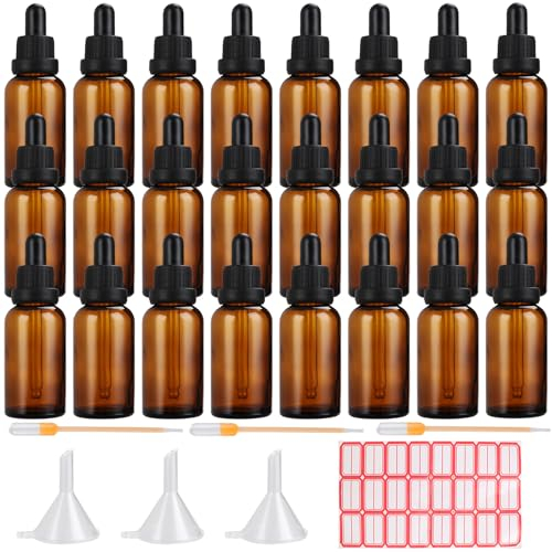 YOUNTHYE 24PCS Glass Dropper Bottles, 50ml Empty Amber Bottles with 3 Glass Pipette, 3 Funnels, 24 Labels, Refillable Dropper Bottle for Essential Oils Perfumes Chemistry Lab