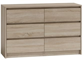 VBChome Kommode mit 6 Schubladen 120 x 40 x 73 cm Weiß Grifflose Schubladenkommode Mehrzweckschrank für Flur Schlafzimmer Wohnzimmer Kinderzimmer Modern Eiche Sonoma