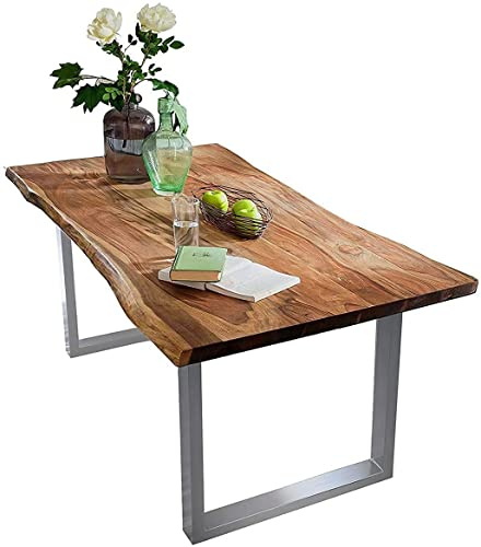 SAM Esstisch Quarto 280x100 cm Akazie nussbaum/U-Gestell Silber | massiv, Echte Baumkante, Akazienholz nussbaumfarben, Tischplatte 26 mm, Industrial-Design, Baumkantentisch, Esszimmertisch