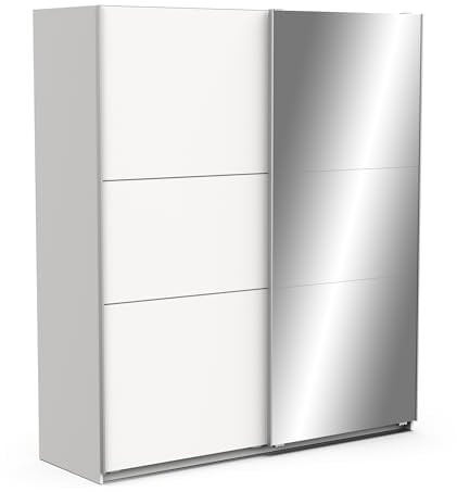 Demeyere Armoire Porte Coulissante avec Miroir & Penderie Moderne – Coloris Blanc Mat & Finitions Métal - 178,1 x 59,9 x 203 cm