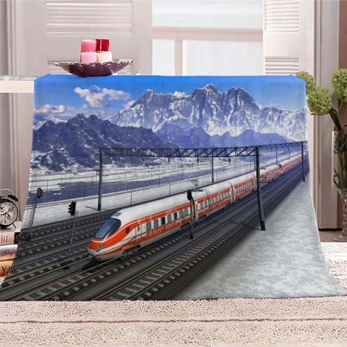 Kuscheldecke Erwachsene 3D Zug Flanelldecke Sherpa Fleecedecke Motiv Decke 150x200 cm Mädchen Jungen Schneeberg Weiche Microfaser Warmer Wohndecke Bettüberwurf Sofatdecke