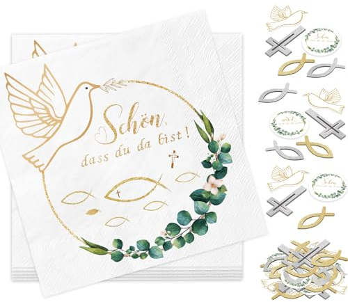 Taufe Deko, 40Stück Servietten Eukalyptus Goldene Taube und 52Stück Kommunion Deko Fisch Konfetti, Schön dass du da bist Servietten Tischdekoration Taufe Kommunion Konfirmation für Junge Mädchen