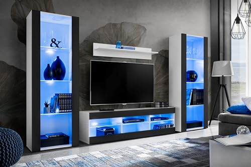Komodee Wohnwand Wohnzimmerset Tivoli Grande, Schwarz/Weiß, Breite 250cm x Höhe 159cm x Tiefe 35cm, LED Blau, für Wohnzimmer, Schlafzimmer