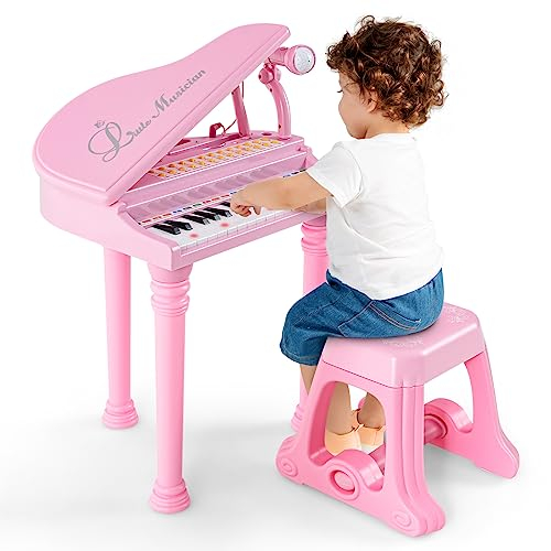GOPLUS 31 Tasten Kinder Keyboard mit Hocker, Klaviertastatur mit Mikrofon, LED-Licht & MP3-Schnittstelle, E-Piano mit 3 Lehrmodi, 22 Demos, 4 Rhythmen, Aufnahme & Wiedergabe für Kinder (Rosa)
