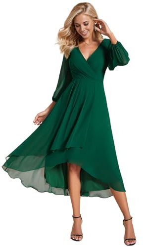 Ever-Pretty Robe de Soirée Femme A Line High Low Col V 3/4 Manches pour Mariage Chic Vert Foncé 58