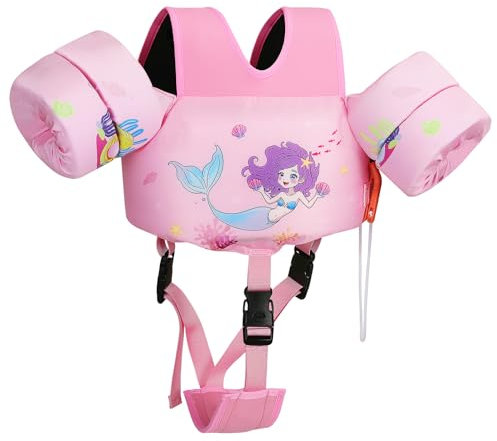 MoKo Kinder Schwimmflügel, Cartoon Schwimmweste mit Schultergurt Schwimmtraining Jacke Schwimmende Badeanzug Schwimm Zubehör mit Doppel Schnalle für Jungen Mädchen, Rosa Muschelmeerjungfrau