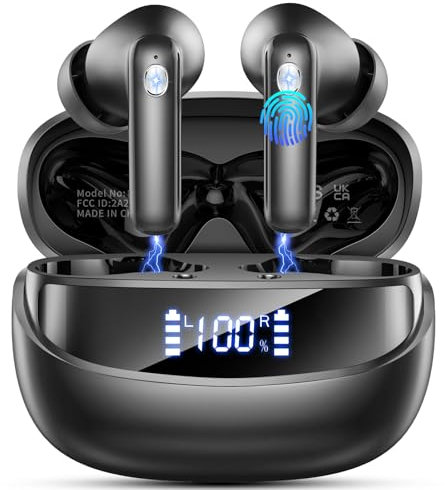 Cuffie Bluetooth, Auricolari Bluetooth 5.4 con 4 HD Mic, Cuffiette Bluetooth Stereo HiFi, 45 Ore Cuffie Wireless In Ear con LED Display, ENC Cancellazione Rumore, IP7 Impermeabili, Touch Control