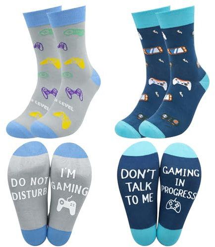 2 pairs Calf Gaming Socks Gifts for men/husband/gamer/boys (Dark gray and lake blue) one size