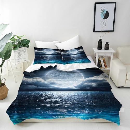 ANHOPE Vollmond Bettwäsche Set 3 Teilig Ozean Meer Nacht Bettbezug 155x220 cm + 2 Kissenbezug 80x80 cm Weich Microfaser Bettbezüge mit Reißverschluss Ganzjahres Bettdeckenbezug Set