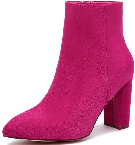 Jiu du GoGo-Stiefeletten für Damen, breiter Absatz, spitzer Zehenbereich, seitlicher Reißverschluss, elegante Go-Go-Go-Stiefel, Rosafarbener Samt, 38 EU