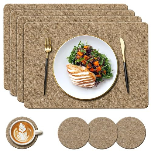 YUNJUER Leather Placemats and Coasters Set, Heat-Resistant 212 °F, Non-Slip and Waterproof, Easy to Clean, PU Tablemats for Home, Kitchen, Restaurant, Outdoor Dining Table, 8 Pieces, 43x30cm, (Beige)