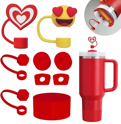 Stanley Becherzubehör-Set mit 6 auslaufsicheren Silikon-Stopper, 2 Strohhalm-Abdeckkappen für 9–10 mm Strohhalme, 1 Silikonstiefel für Stanley Cup Stanley 1,2 l und 850 ml Becher (Chili)
