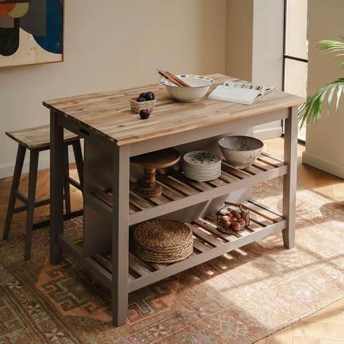 Statement Furniture Florence Breakfast Bar, Slatted Shelves, Hidden Tray, Chopping Board, Acacia Wood Top, Kitchen Island W126cm H91cm D78cm (truffle)