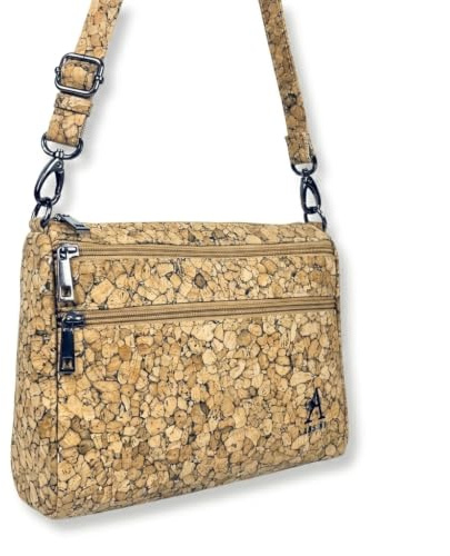 Assisi Style Cork Cross Body Bag Women, Vegan, 4 Zip Pockets, Durable | FSC-certified; water resistant; detachable strap; lightweight; cruelty free; gift boxed for her; birthdays & Christmas