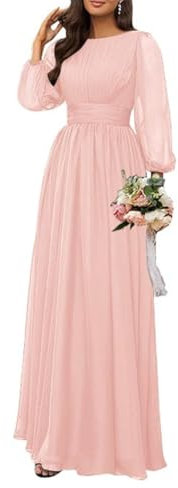 Round Neck Long Sleeve High Waist Chiffon Formal Evening Gown A Line Long Pleated Bridesmaid Dress Blush Pink UK14