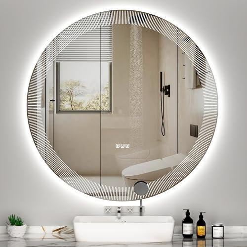 furduzz Round LED Bathroom Mirror, 800mm Wall Mounted Vanity Mirror with Anti-Fog, 3 Colors, Memory, Dimmable, IP44 Waterpoof, Touch Switch(White Stripes Patterned)