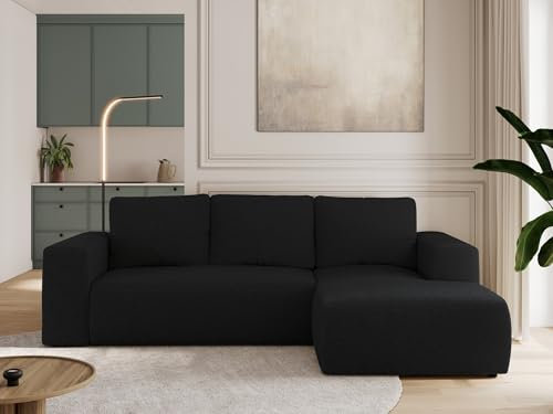 MKS MEBLE Sofa mit Schlaffunktion - Ecksofa mit Schlaffunktion und Bettkasten - Sofa 3 Sitzer - Schlafsofa - Couch - Schlafsofa mit Bettkasten - Trentino L - Schwarz Boucle - Rechts