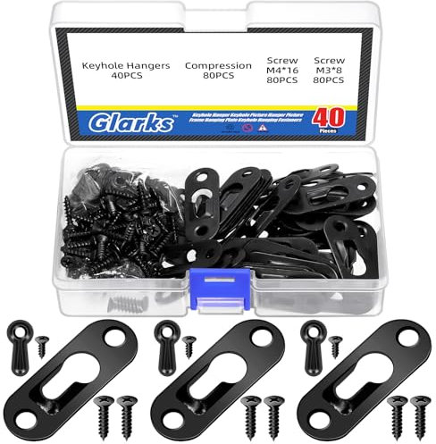 Glarks 280pcs 45 x 16mm Keyhole Hangers, Black Keyhole Shelf Hanger with Screw, Keyhole Shelf Brackets Hangers, Single Keyhole Hanging Plate for Wall Mounting Coat Rack, Wooden Board, Mug