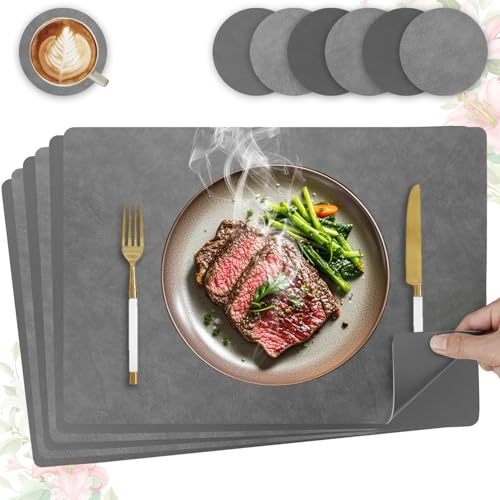 HELI MIAO 6er Set Tischset aus Leder-Imitat，Platzsets abwaschbar und wasserdicht，Platzdeckchen Lederoptik mit Untersetzer,Tischuntersetzer Doppelseitigen rutschfest(Eckig,Grau+Dunkelgrau)