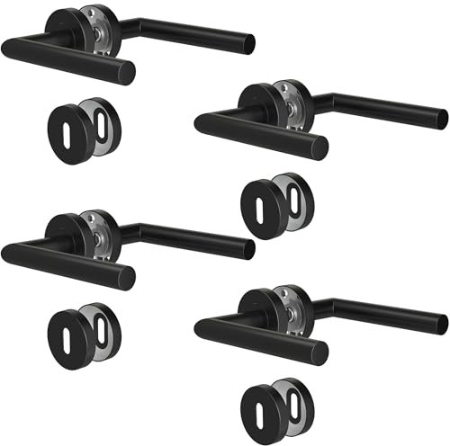 KeZaara Maniglie per Porta Interne 4 Pezzi, Maniglia per Porta in Acciaio Inox con Rosetta Arrotondata Ø 52 mm, Nero Opaco, Forma di L, BB-Chiave a Profilo Tondo