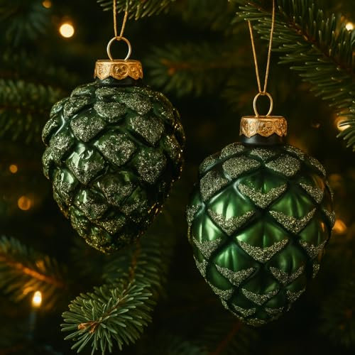 Set 6 Palline di Natale in Vetro Forma di Pigna Finitura Lucida, Opaca e Glitterata Decorazioni Eleganti per Albero di Natale Colore Verde Pino 5cm - Varzi dal 1956