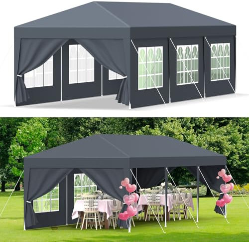 3x9MTonnelle de Jardin,Tente Réception,Gazebo,Pavillon、Tente de Jardin avec Fenêtres、Parois Latérales,Anti UV 50+,Imperméable,Résistant au Vent Auvent Barnum pour Festival Camping Plage,Anthracite
