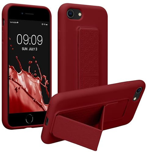 kwmobile Case for Apple iPhone SE (2022) / SE (2020) / 8/7 Case - Soft TPU Cover with Silicone Coating - With Hand Strap and Stand Function - Shockproof - Rhubarb Red