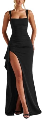 Gkaopi Women Maxi Formal Dress Sexy Sleeveless High Slit Long Dress Elegant Bodycon Square Neck Evening Dresses Ladies Slim Fit Prom Dresses for Party Cocktail Club Wedding(L) Black