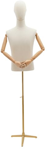 Schaufensterpuppe Männlich mit Kopf und Armen aus Holz, Schneiderpuppe Herrenbüste Torso, Mannequin Kleiderpuppe mit Ständer, Höhenverstellbar 135 cm bis 193 cm