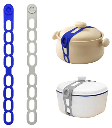 2 Pack Silicone Slow Cooker Lid Straps - Adjustable Self-Locking Pot Lid Latches, Heat Resistant Elastic Ties for Bento Boxes, Cables, Yoga Mats, Camping Gear (Grey & Blue)
